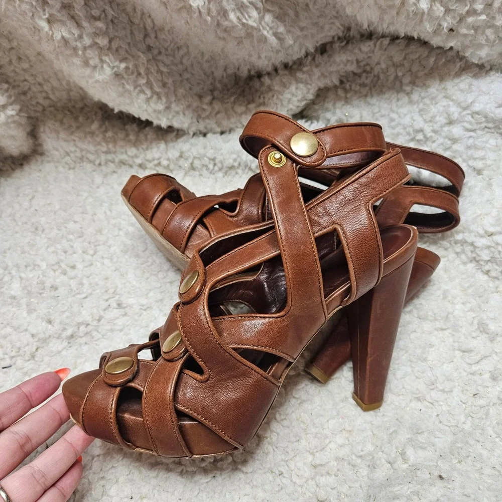 Loeffler Randall Keira Snap‎ Platform Heeled Leather Sandals size 7